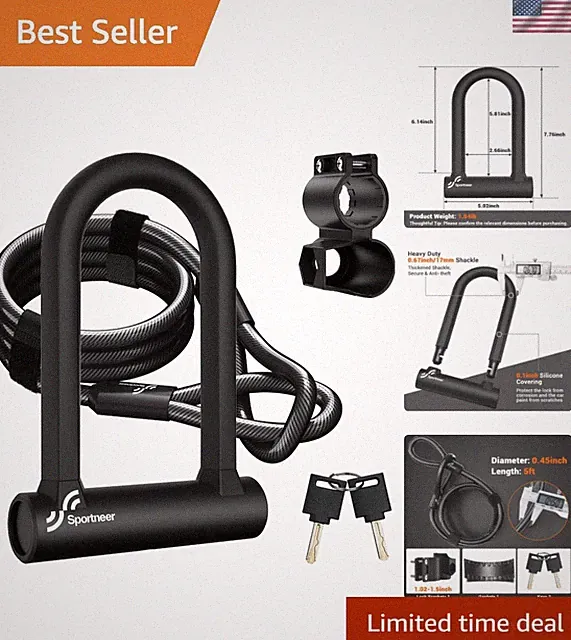 Bike Lock: Heavy Duty Anti Theft Bike U Lock with 5ft Security Steel Cable -...